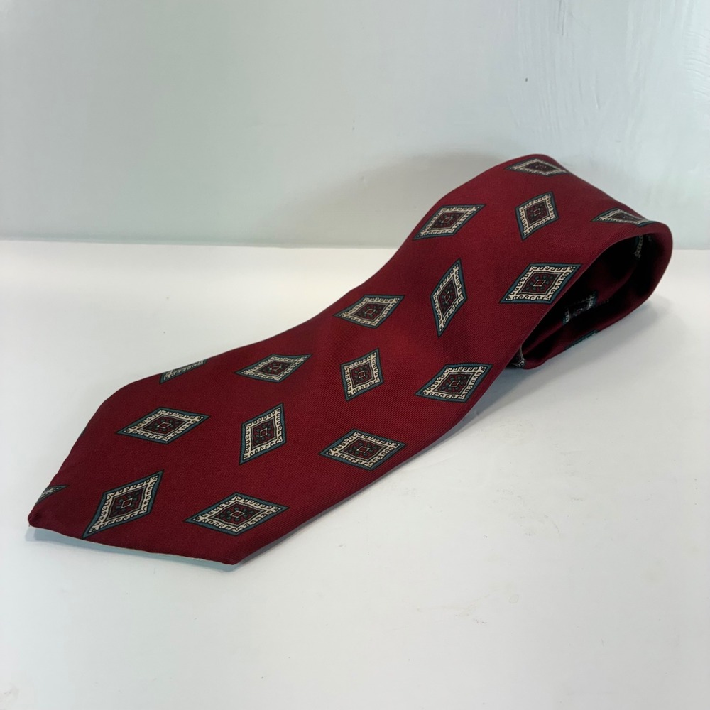 Oscar de la Renta Couture Silk Tie Burgundy Geometric Diamond Pattern Mens